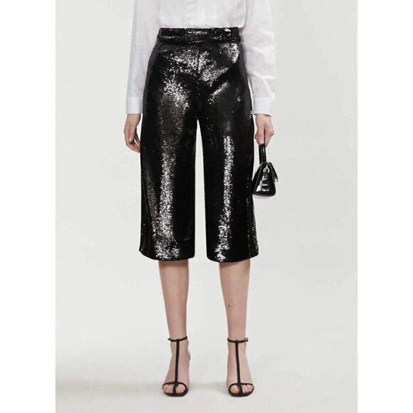 NWT Maje black sequin high waist wide leg cropped culottes, XS - Picture 2 of 9